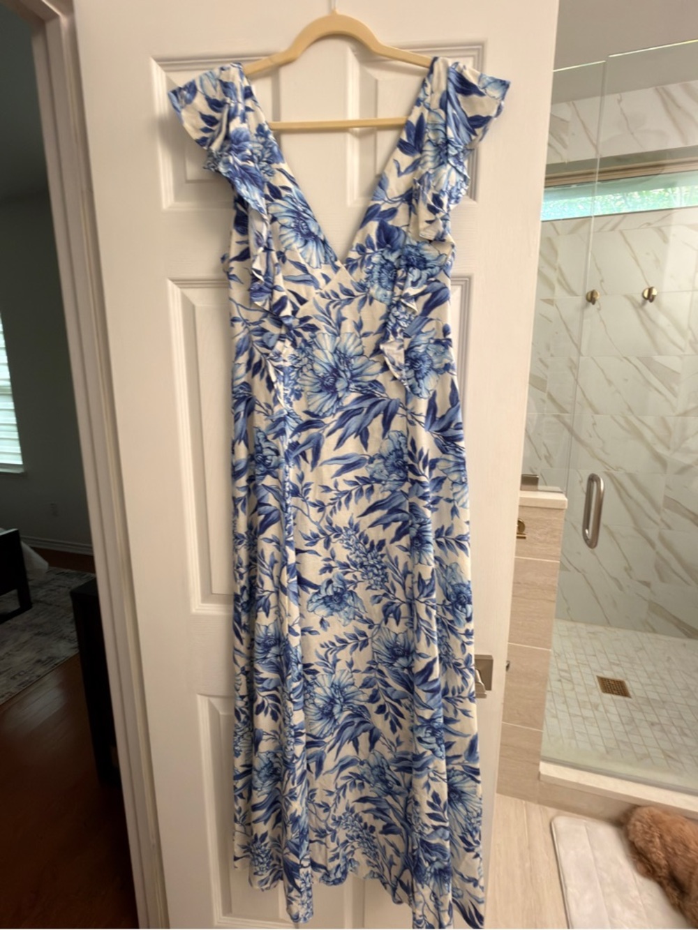 H&M Blue and Cream Floral Ruffle Maxi Dress